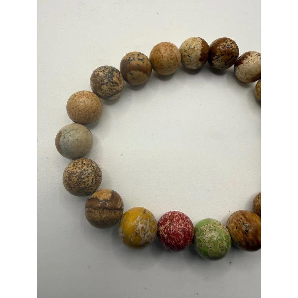 Natural Jasper Stone Bead Stretch Bracelet Earthy Brown‎ Tan Multi-Color Boho